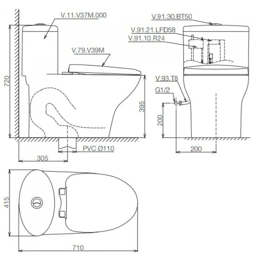 Bồn Cầu Viglacera V37M Xả Xoáy Nắp Êm V37 + Vòi Xịt VG826
