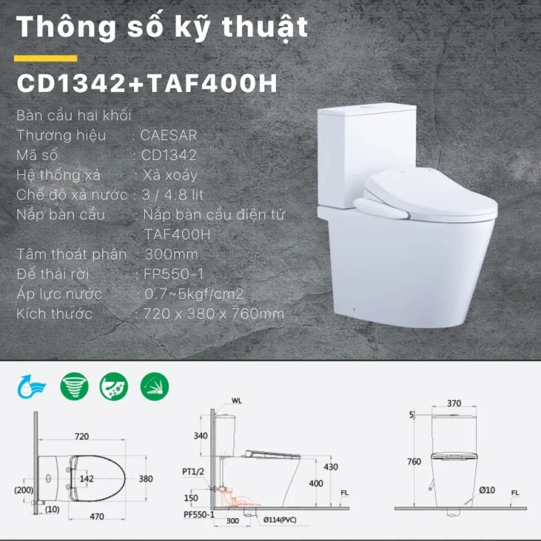 Bồn Cầu Thông Minh CAESAR CD1342 +TAF400H 2 Khối