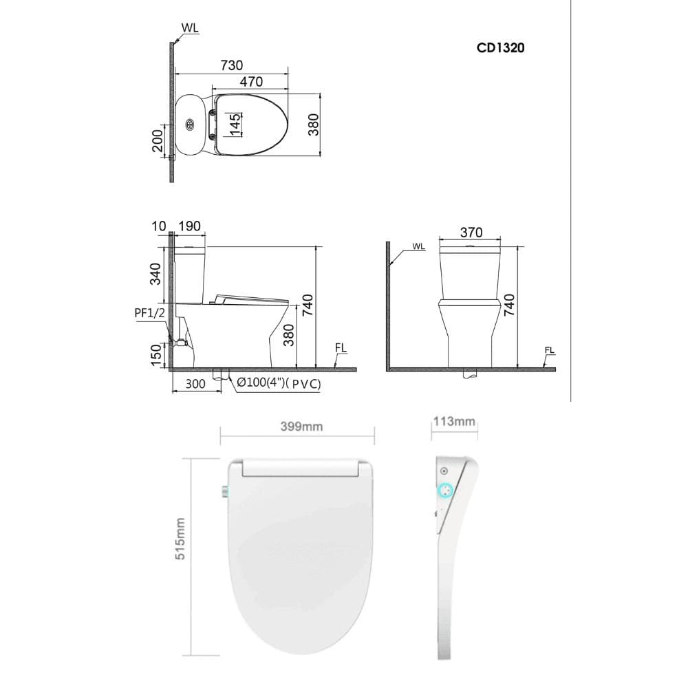 Bồn Cầu Điện Tử CAESAR CD1320 (không nắp) + TAF512H Có Remote