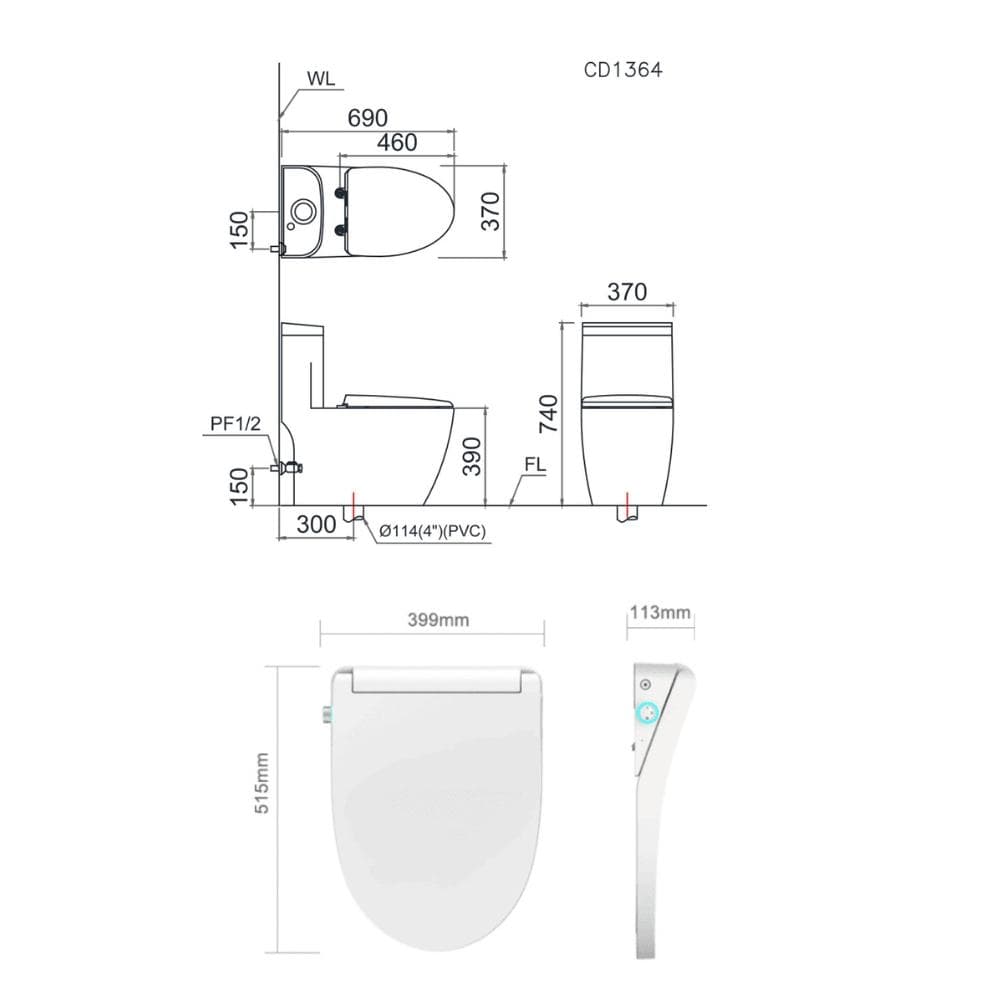 Bồn Cầu Điện Tử CAESAR CD1340 (không nắp) + TAF512H Có Remote
