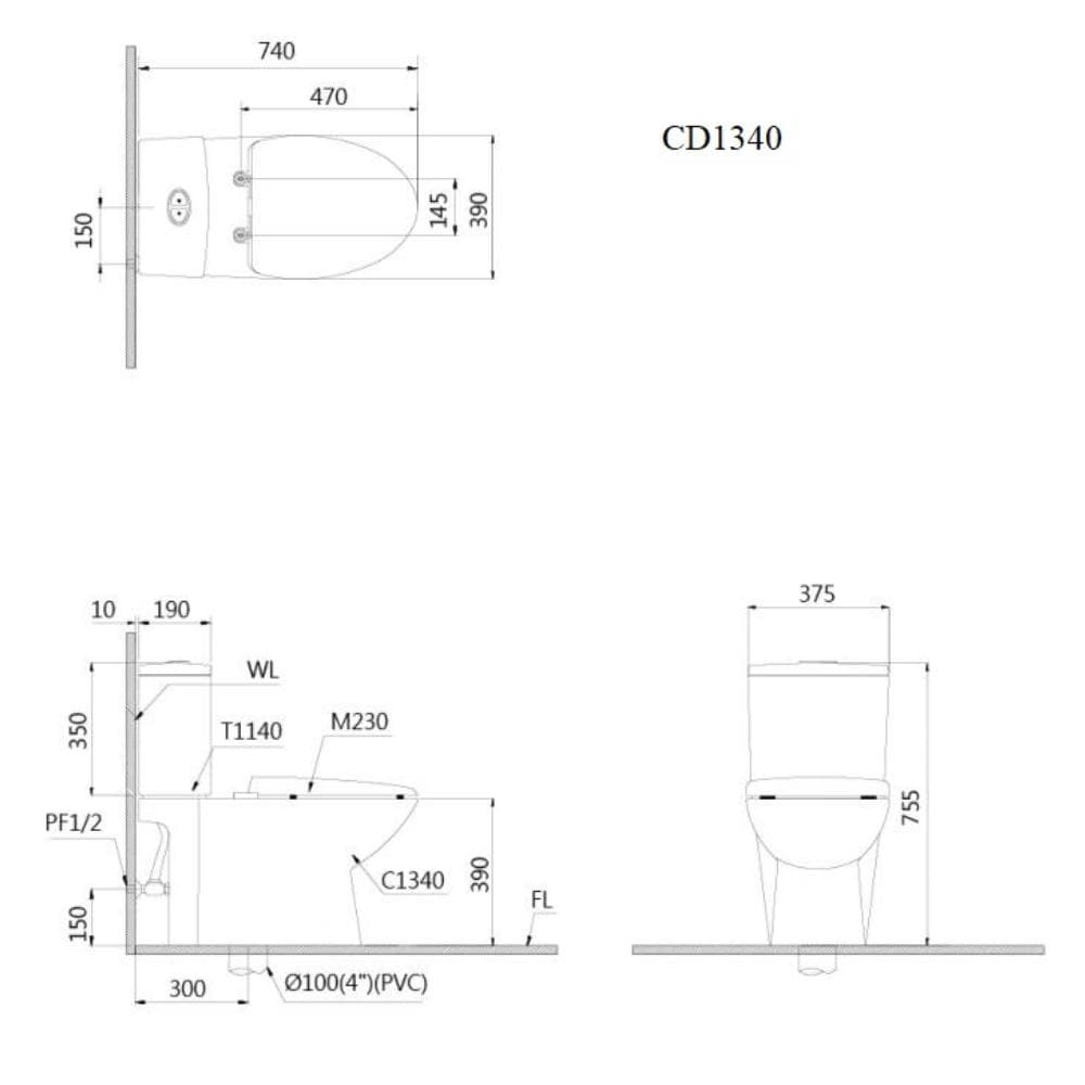 Bồn Cầu Điện Tử CAESAR CD1340 (không nắp) + TAF710H Có Remote