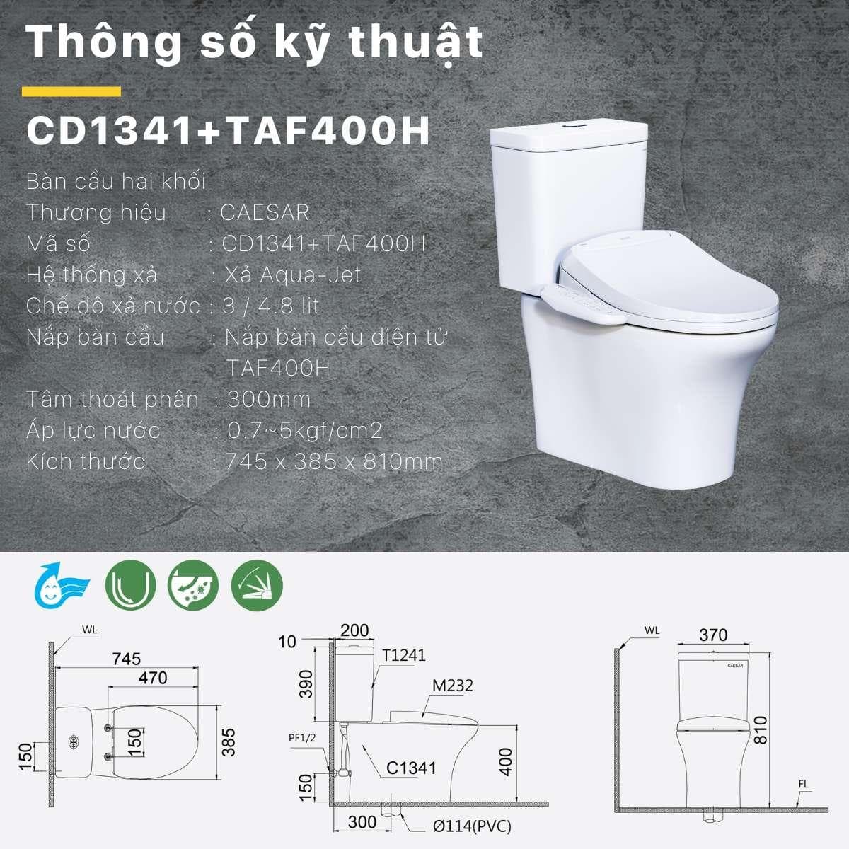 Bồn Cầu Điện Tử CAESAR CD1341 (không nắp) + TAF400H 2 Khối