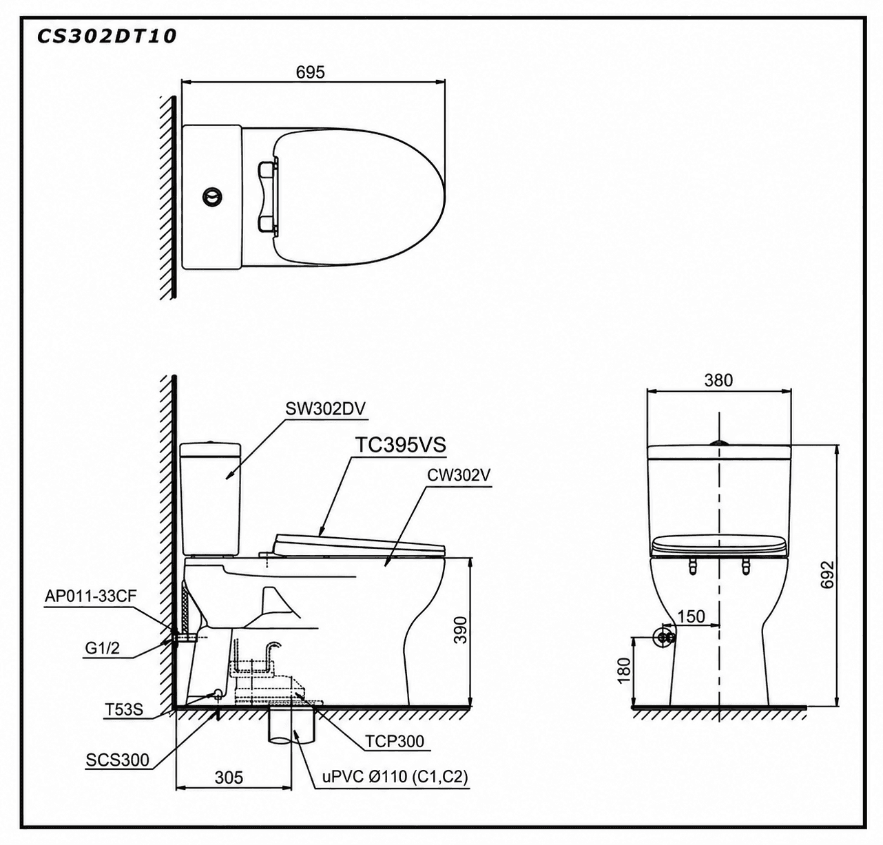 Bồn cầu 2 khối TOTO CS302DT10 nắp đóng êm TC395VS
