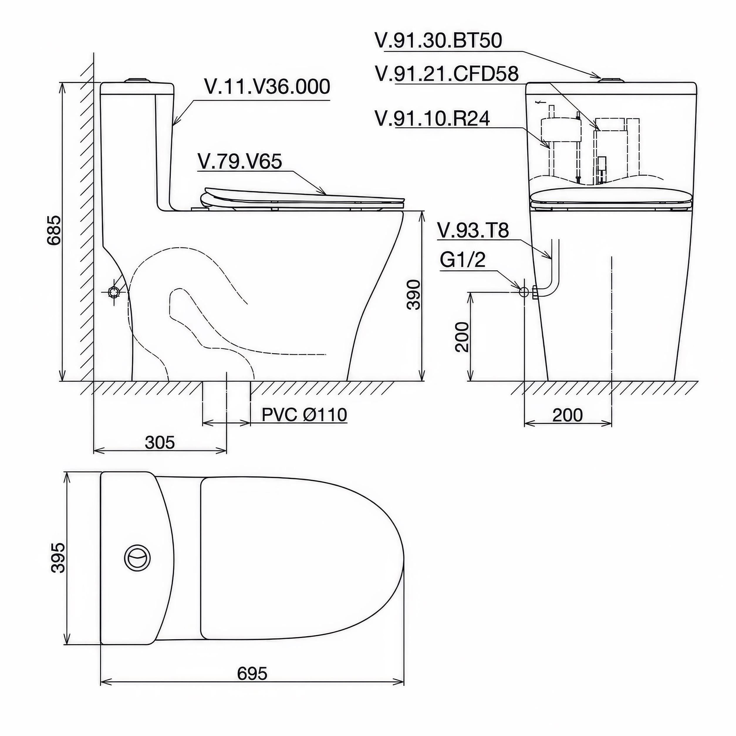 Bồn cầu 1 khối Viglacera V36 nắp êm (+ vòi xịt VG826)