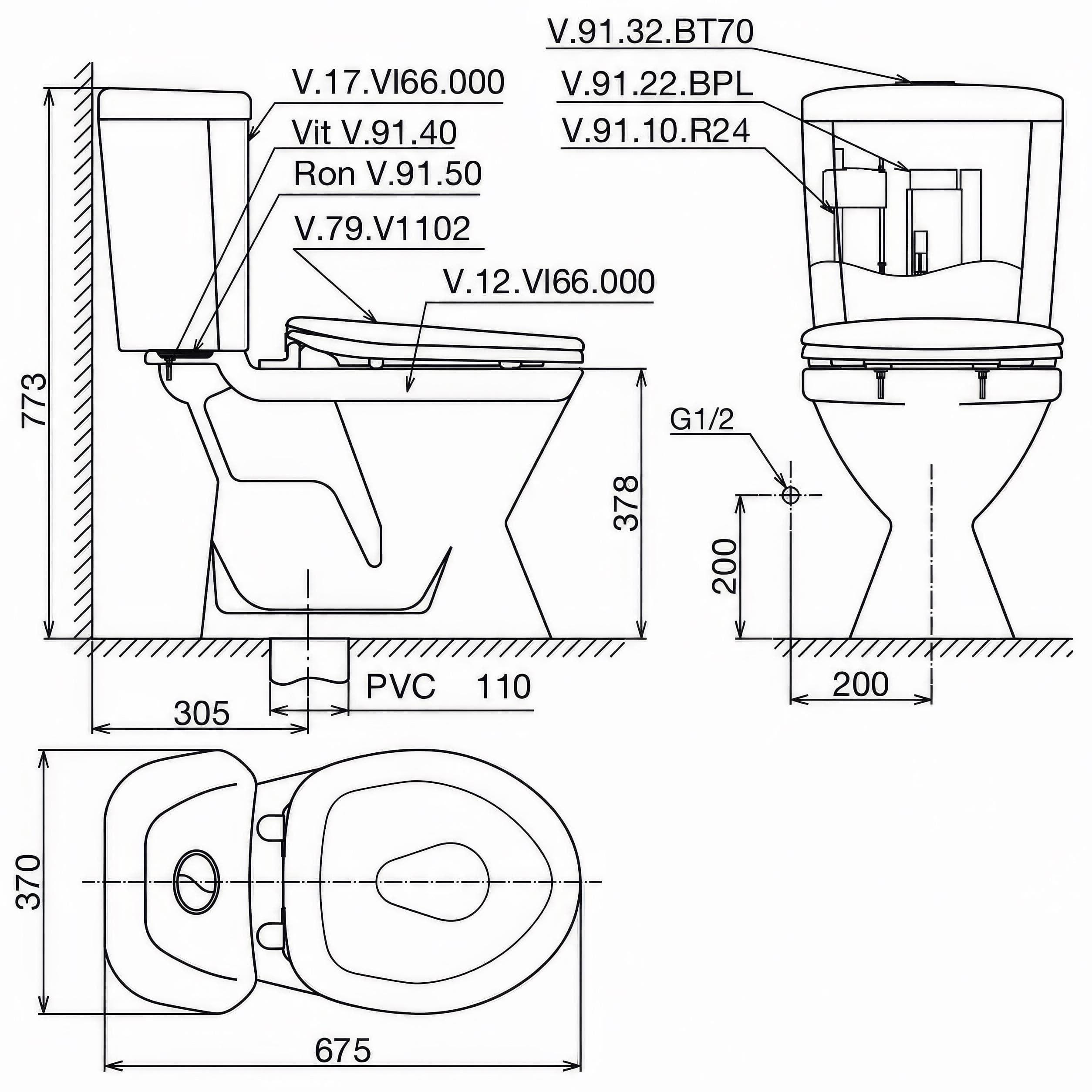Bồn cầu 2 khối Viglacera VI66 nắp êm kèm lavabo VTL2