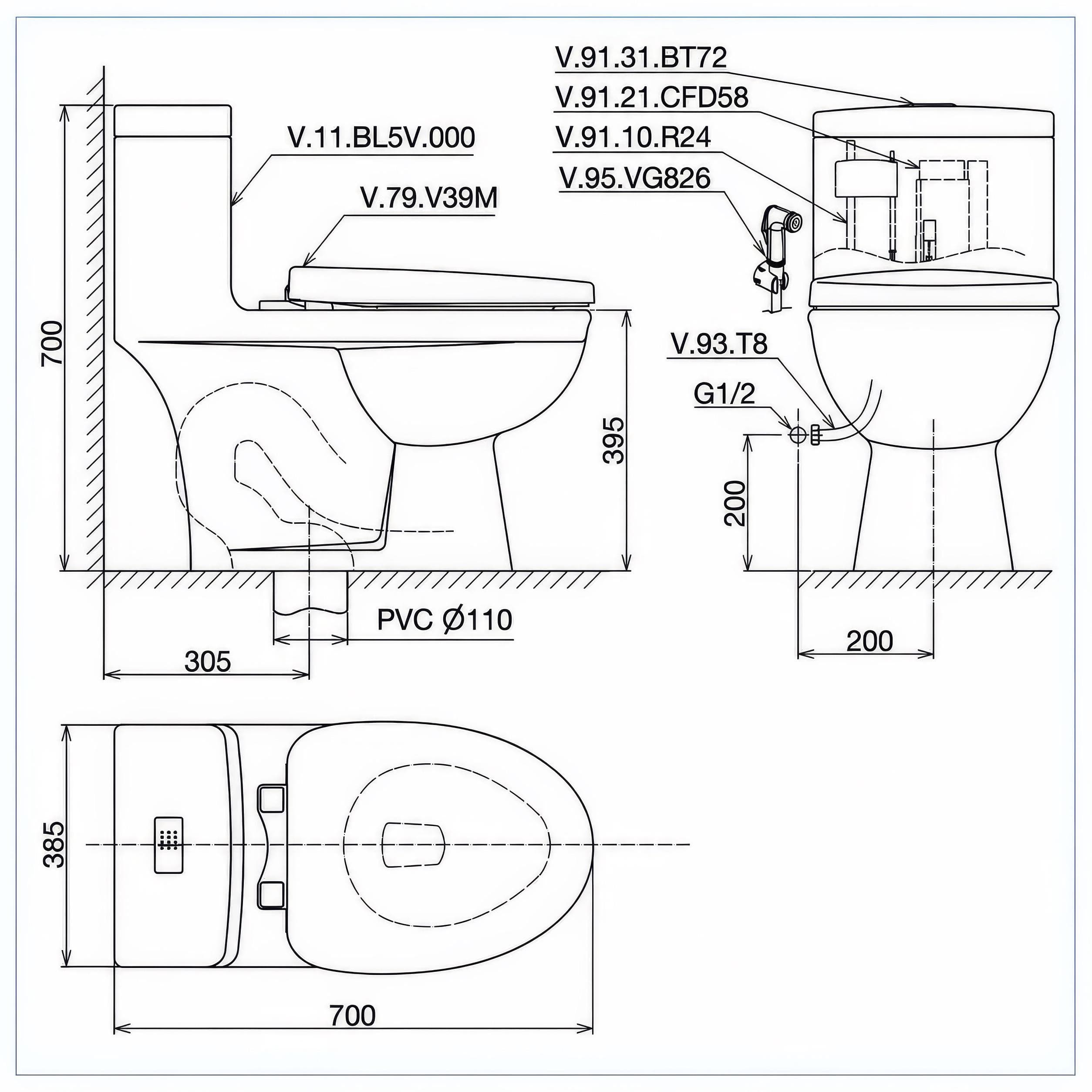 Bồn cầu 1 khối Viglacera BL5 nắp êm xả thẳng (+ vòi xịt VG826)