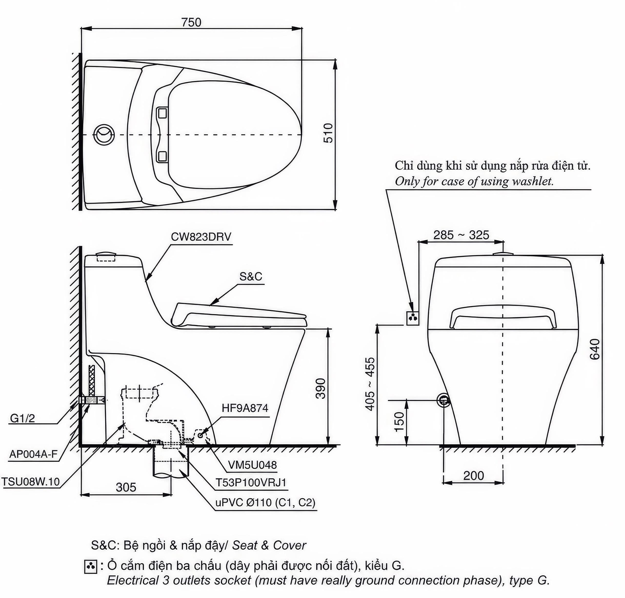 Bồn cầu TOTO MS823DRE2 1 khối nắp rửa cơ TCW07S