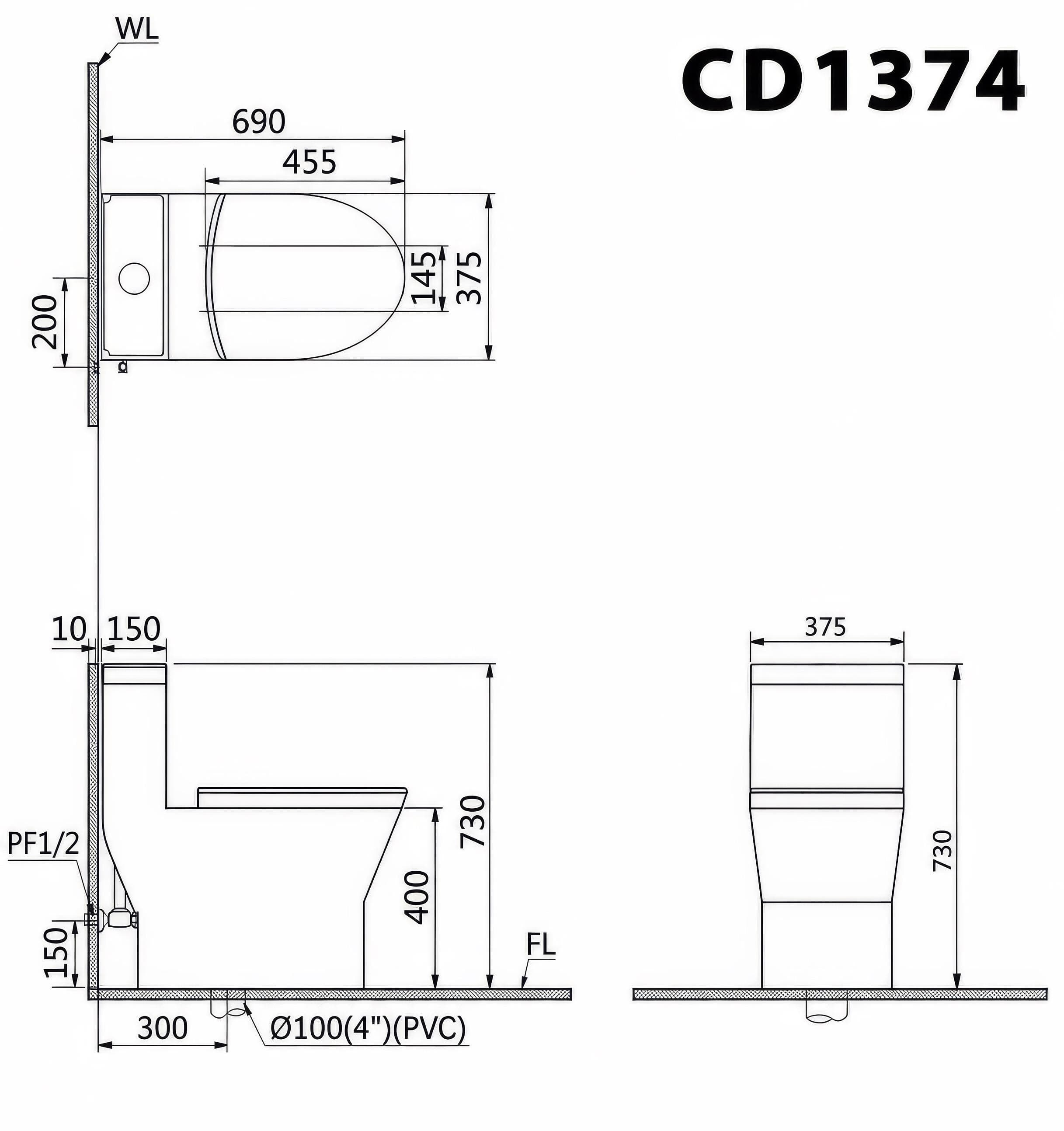 Bồn cầu 1 khối Caesar C1374 (CD1374) nắp đóng êm