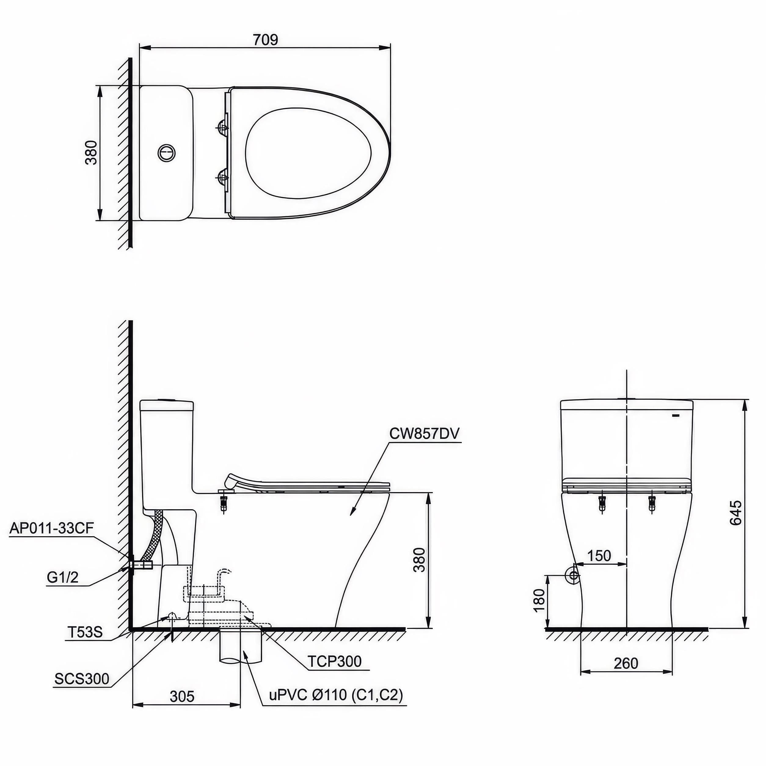 Bồn cầu 1 khối TOTO MS857DT3 nắp đóng êm TC385VS