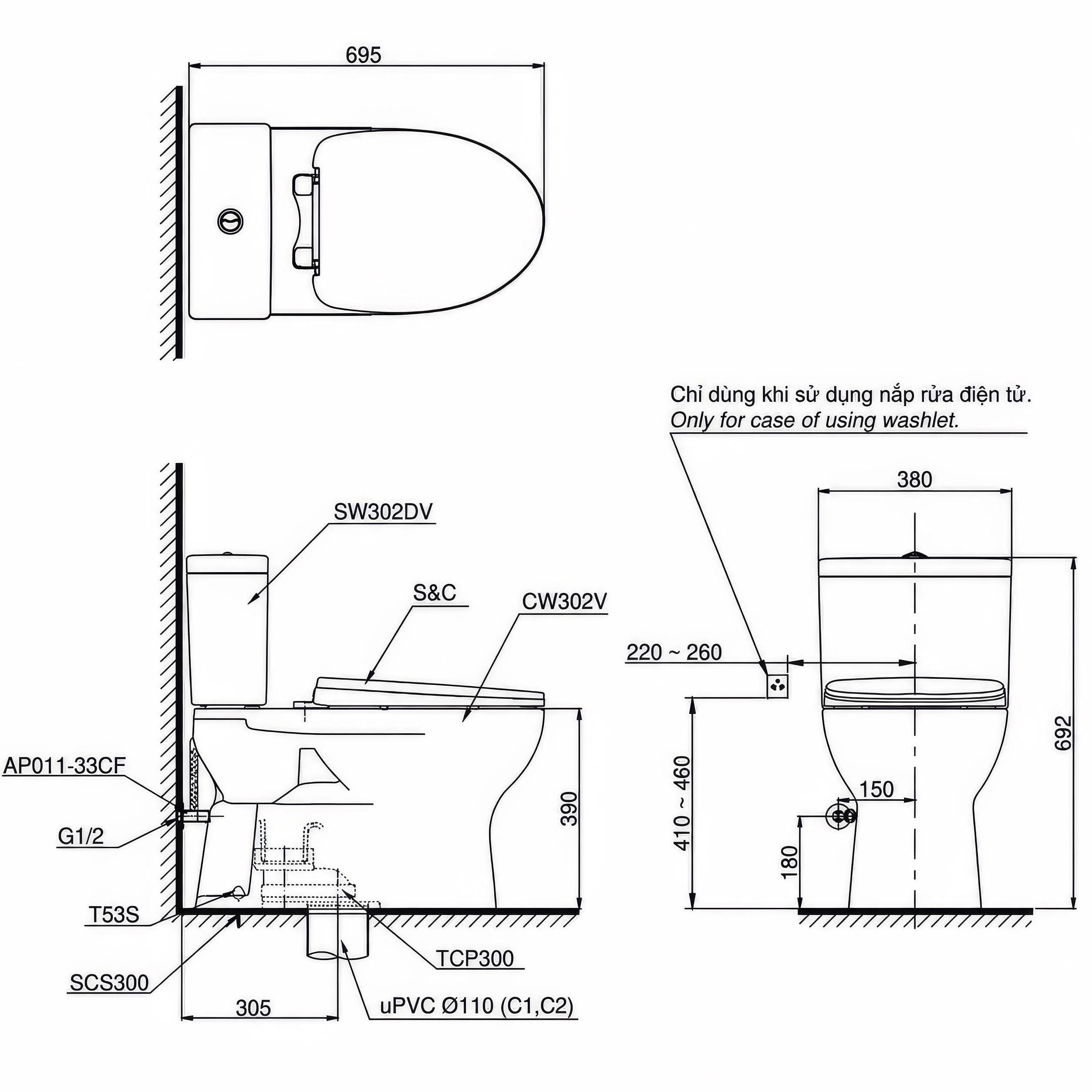 Bồn cầu TOTO CS302DE4 2 khối nắp rửa cơ TCW1211A