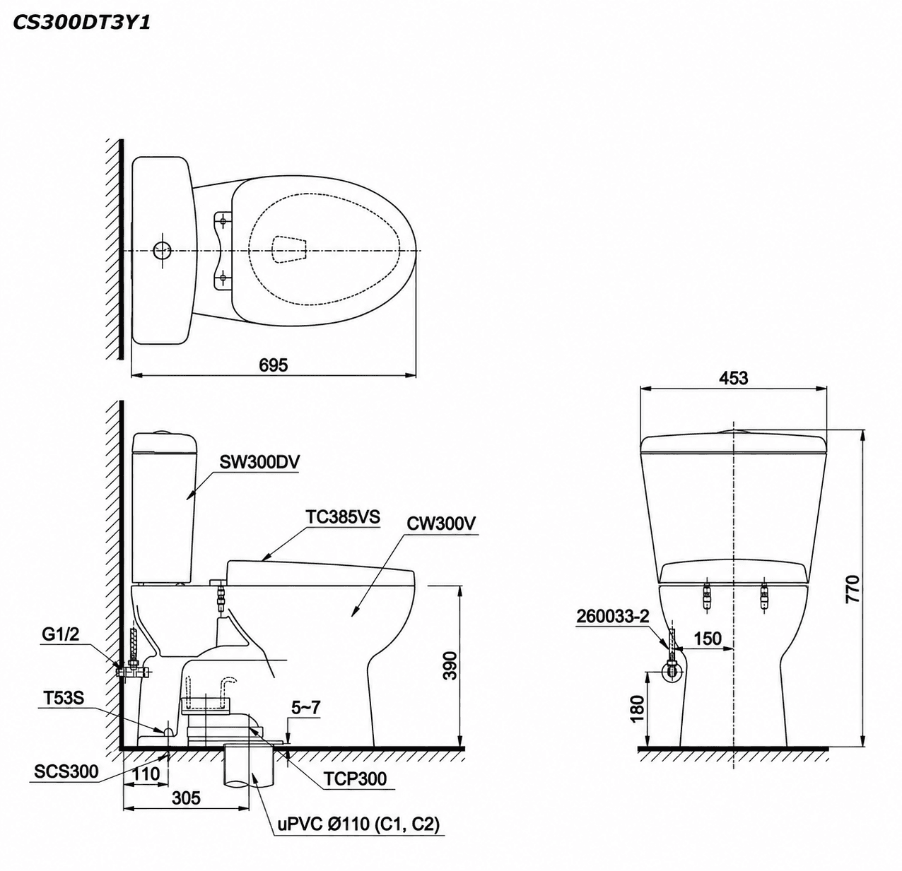 Bồn cầu 2 khối TOTO CS300DT3Y1 nắp đóng êm TC385VS