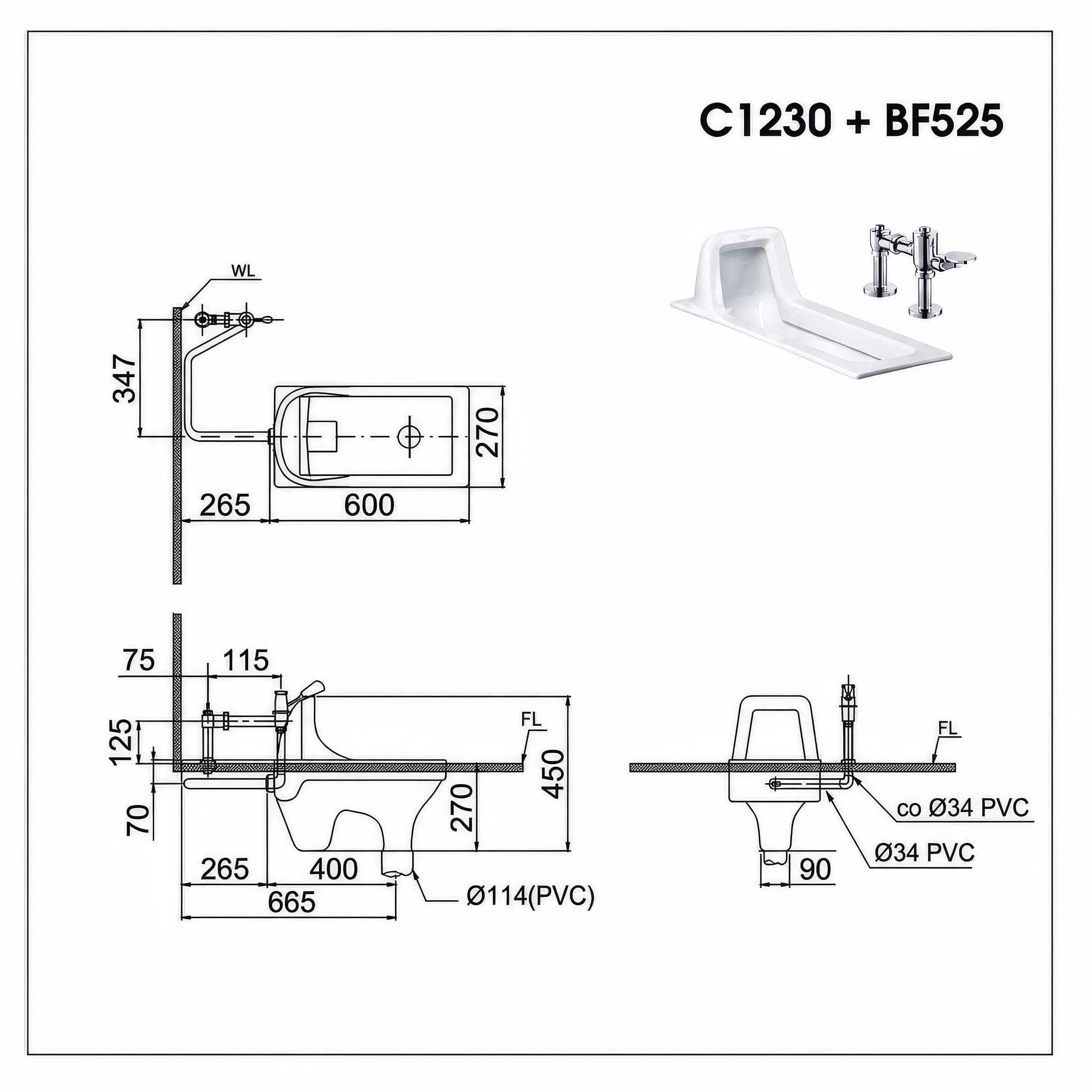 Bồn cầu xổm kèm van xả tay gạt Caesar C1230+BF525A
