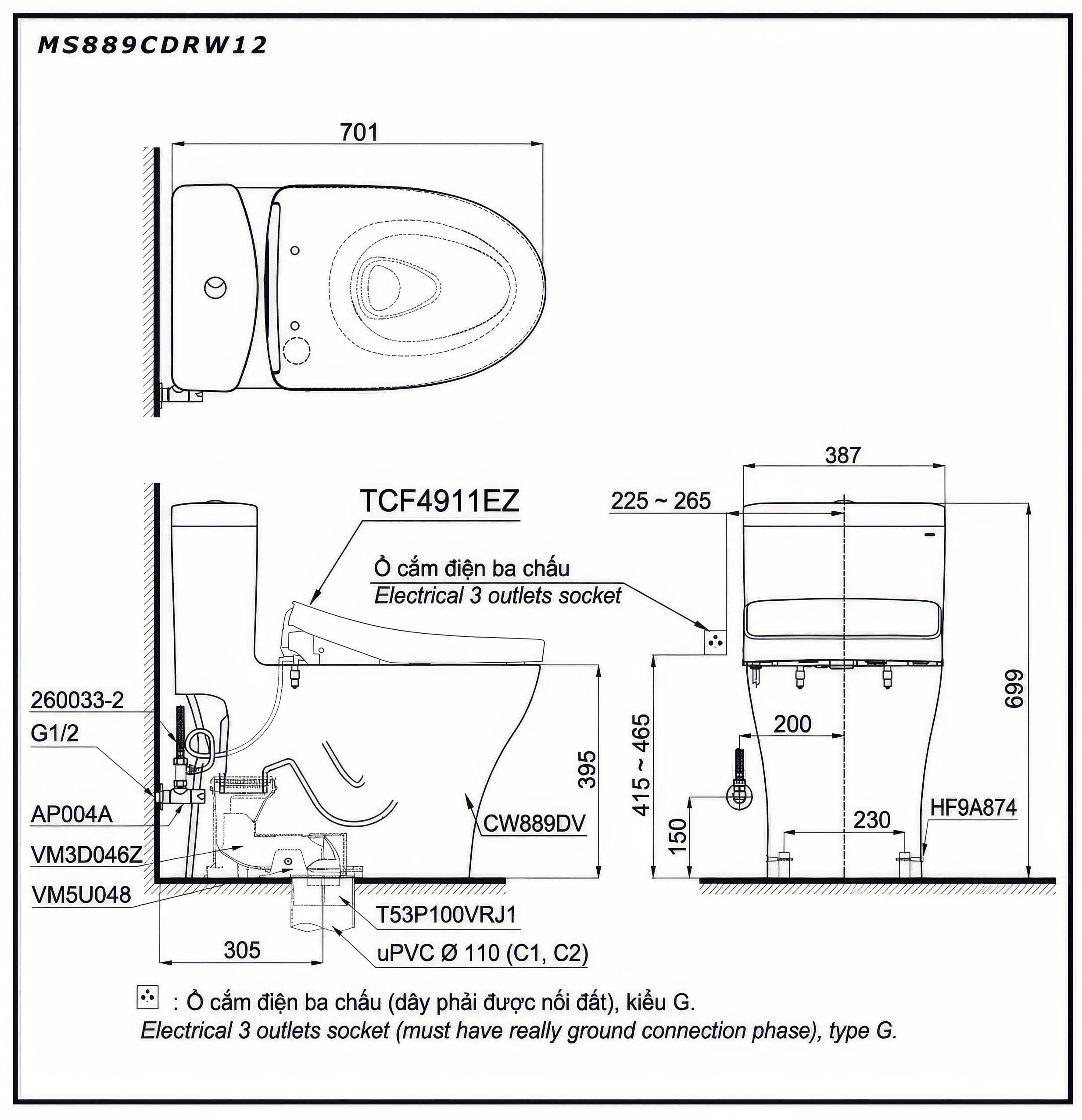 Bồn cầu TOTO MS889CDRW12 1 khối nắp điện tử Washlet S7 TCF4911EZ giấu dây