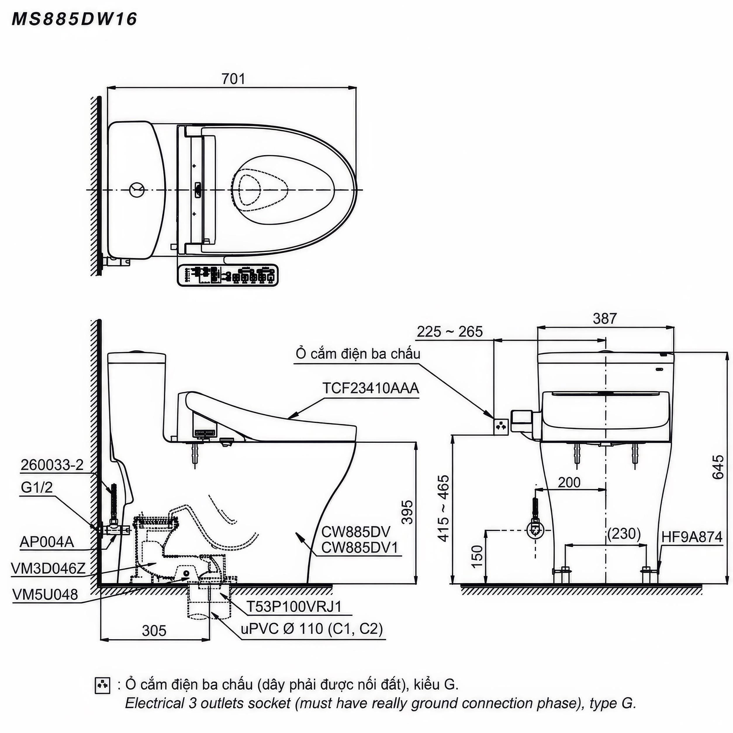 Bồn cầu 1 khối  TOTO MS885DW16#XW