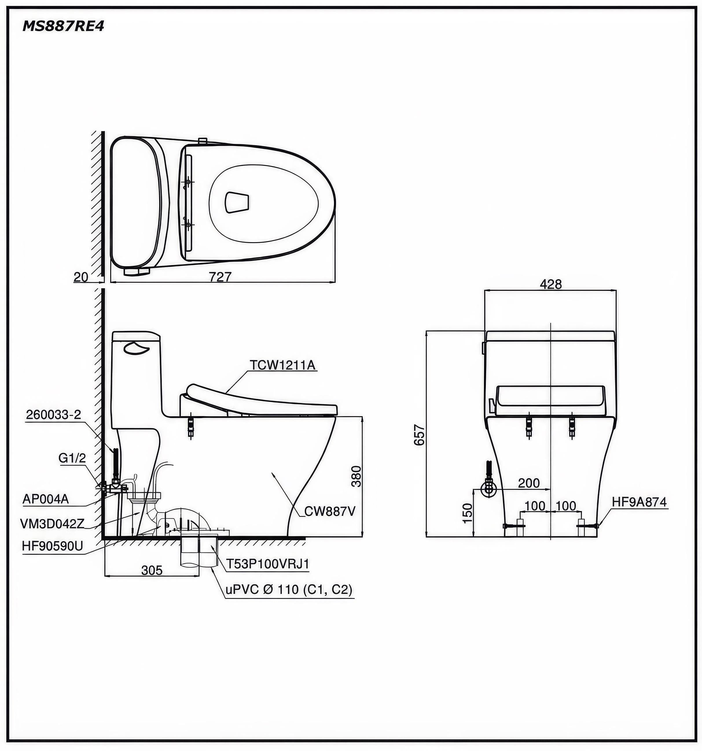 Bồn cầu TOTO MS887RE4 1 khối nắp rửa cơ TCW1211A