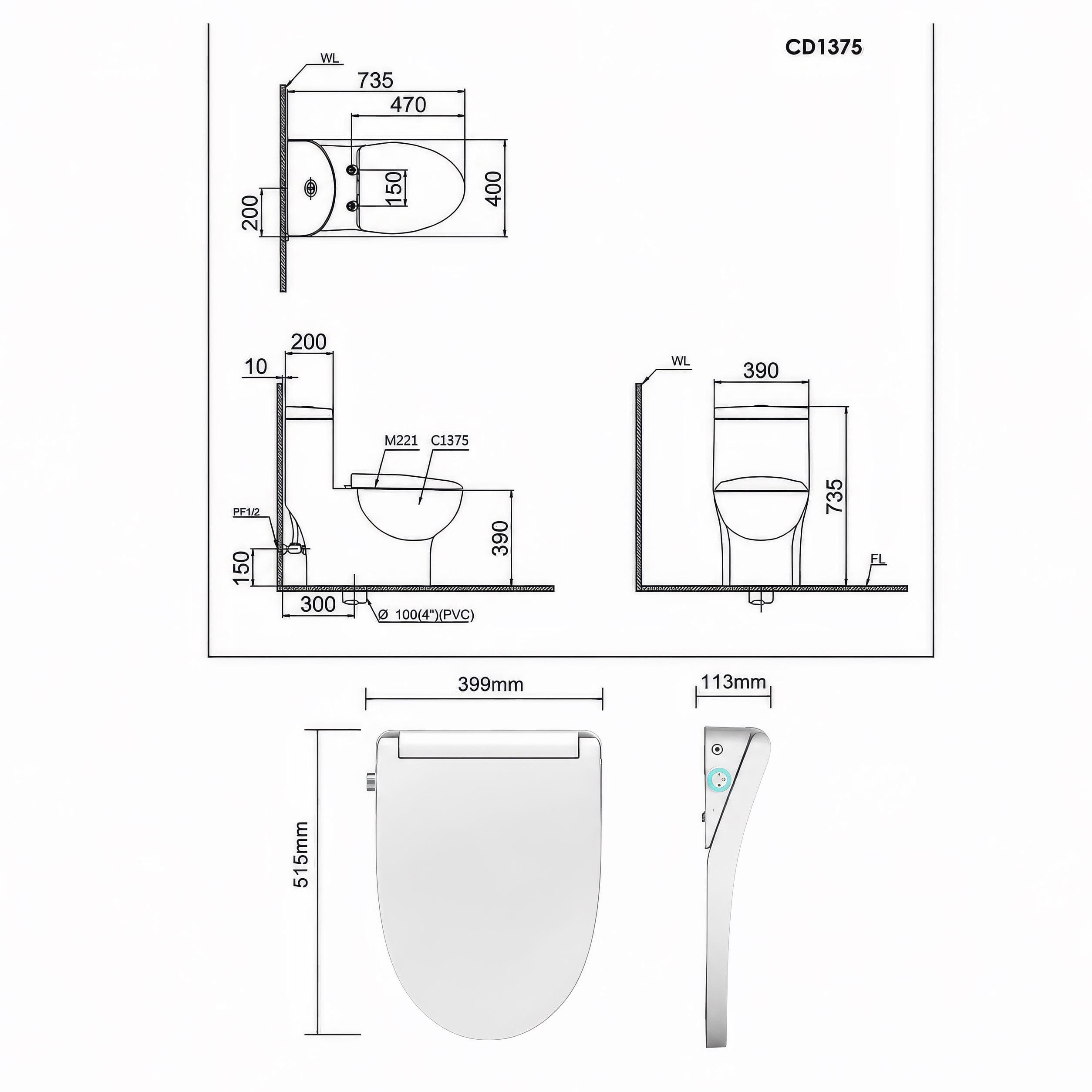 Bồn cầu 1 khối nắp điện tử Caesar C1375F + TAF512H (CD1375+TAF512H)