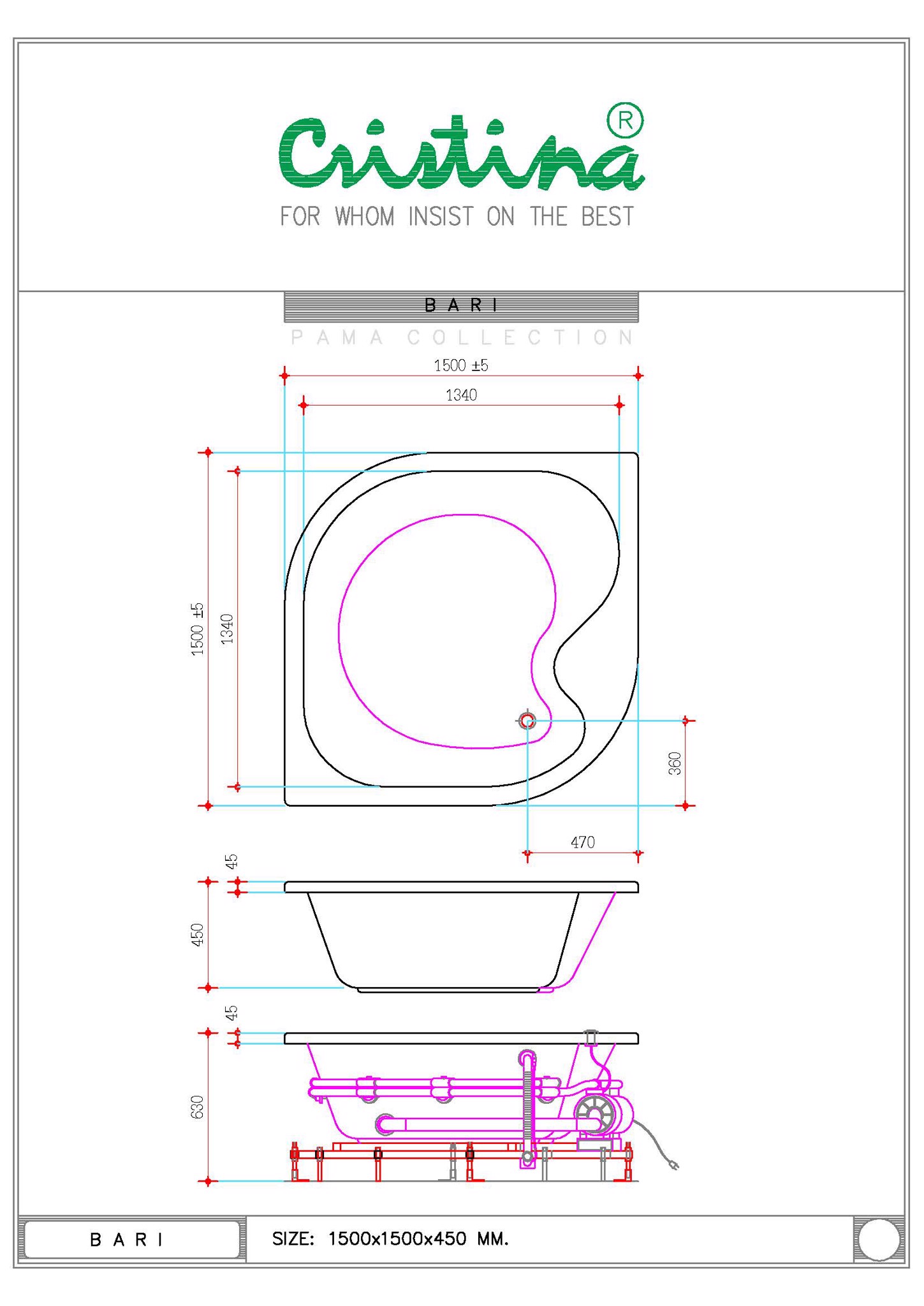 BỒN TẮM ÂM CRISTINA - BARI - CT-BA 150150 - Ảnh 5