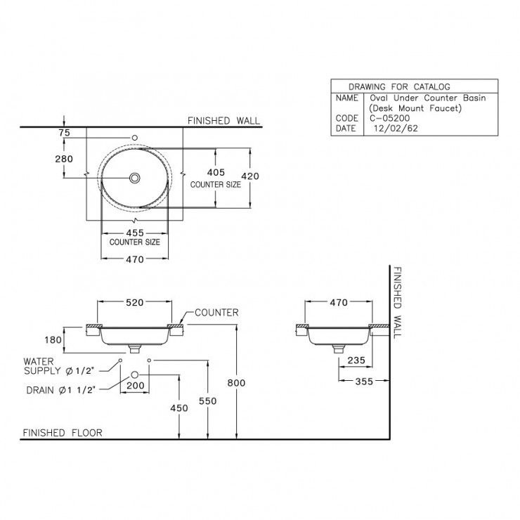 CHẬU RỬA LAVABO COTTO ÂM BÀN DÒNG OVAL C05200 - Ảnh 2
