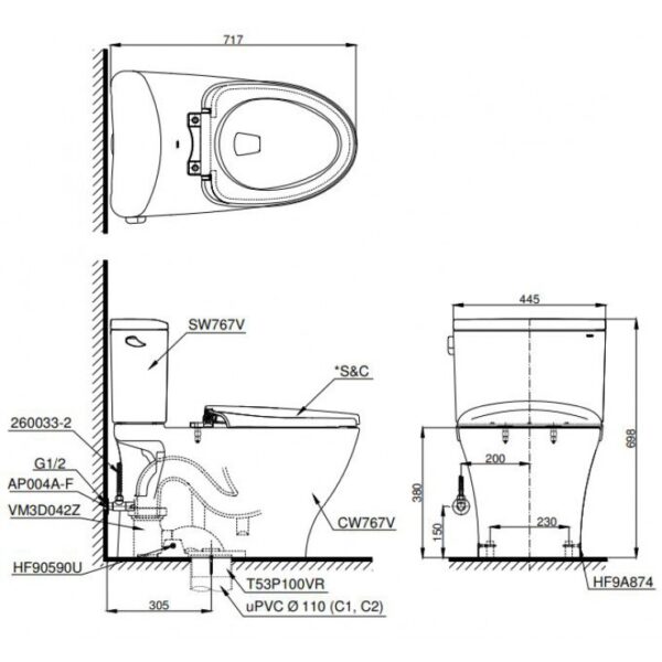 Bồn cầu hai khối, kèm nắp rửa cơ ECO-WASHER - CS767RE4 - Ảnh 2