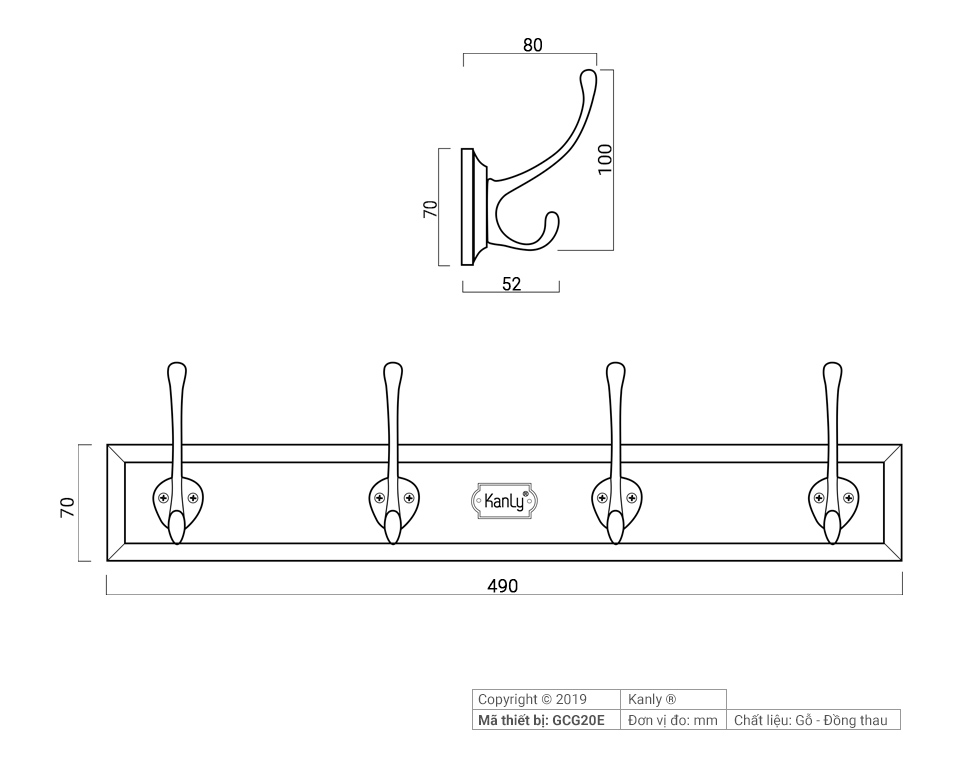 MÓC TREO ÁO ( ĐẾ GỖ VÀ ĐỒNG THAU) KANLY - GCG20E - Ảnh 3