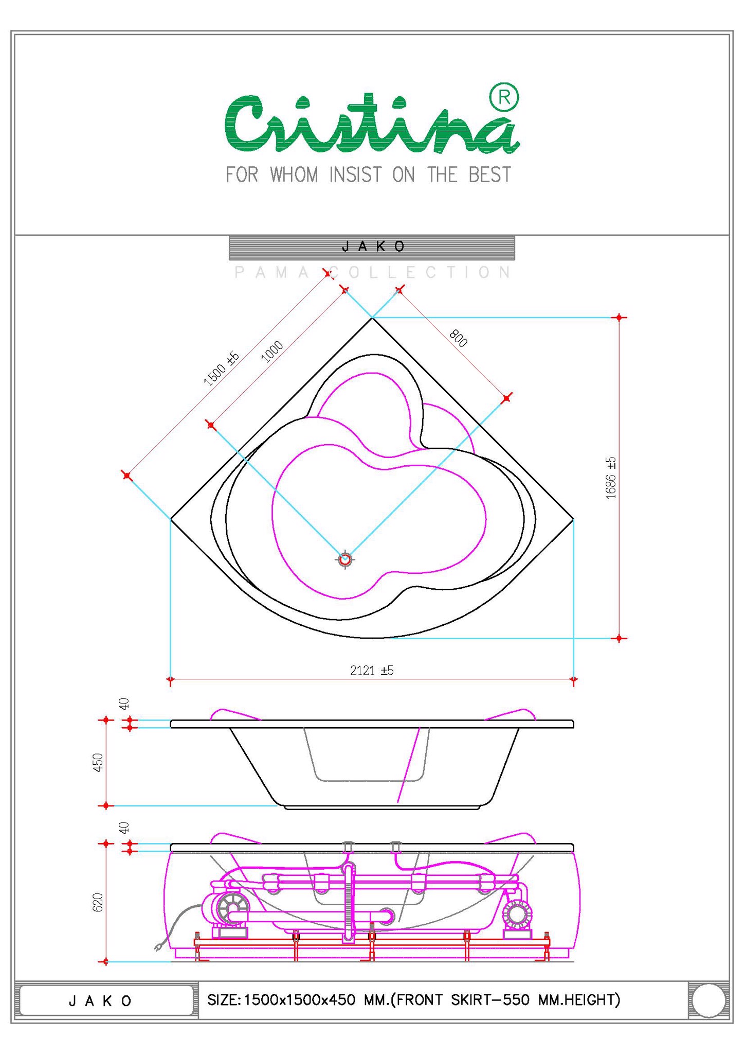 BỒN TẮM CRISTINA - JAKO - CT-JA 150150 - Ảnh 3