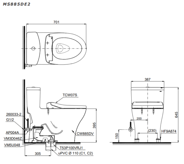 Bồn cầu 1 khối, kèm nắp rửa cơ ECO-WASHER TCW07S - MS885DE2 - Ảnh 2