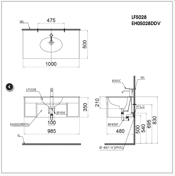 Lavabo + Tủ Treo - LF5028 + EH05028DDV - Ảnh 2