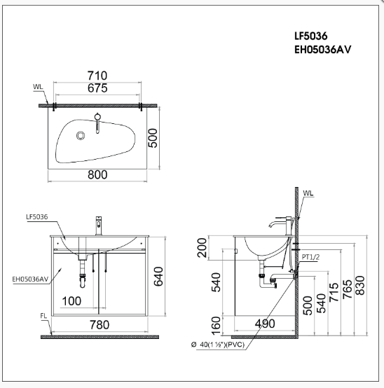 Lavabo + Tủ Treo - LF5036 + EH05036AV - Ảnh 2