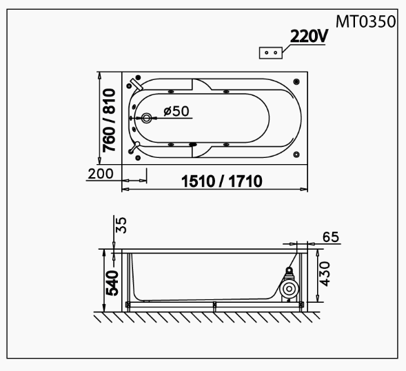 Bồn Tắm Massage Không Chân - Không Yếm - MT0350 - Ảnh 2