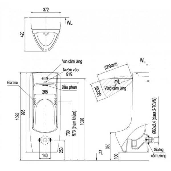 TIỂU NAM TREO TƯỜNG INAX CẢM ỨNG DÙNG PIN ASU-500V - Ảnh 2