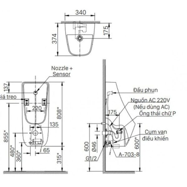 TIỂU NAM TREO TƯỜNG INAX CẢM ỨNG DÙNG PIN AU-468IR - Ảnh 2