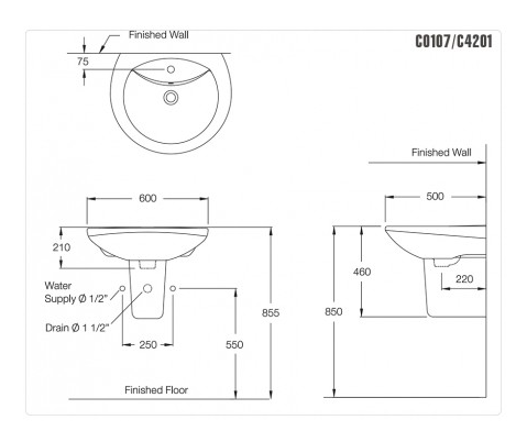 CHẬU RỬA MẶT COTTO - MÀU TRẮNG - C0107 - Ảnh 2