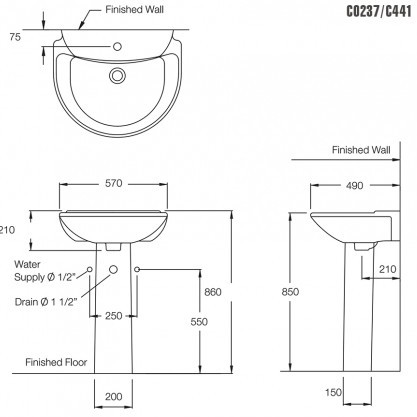 CHẬU RỬA MẶT COTTO - MÀU TRẮNG - C0237/C411 - Ảnh 2