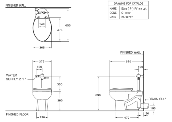 Bồn cầu dùng van xả, màu trắng - C13921 - Ảnh 2