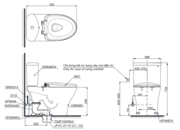 Bồn Cầu TOTO CS838DE2 Hai Khối Nắp Cơ - Ảnh 2