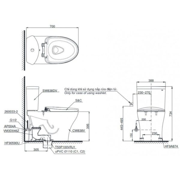 Bồn cầu TOTO hai khối, nắp đóng êm - TC393VS - CS838DT2 - Ảnh 4