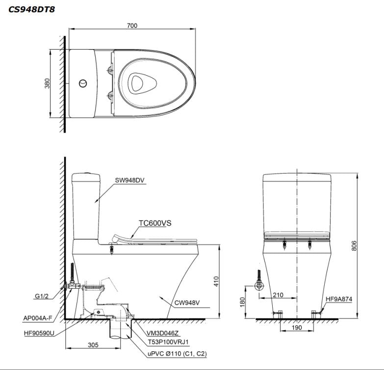 Bồn cầu hai khối, nắp đóng êm - TC600VS - CS948DT8 - Ảnh 4