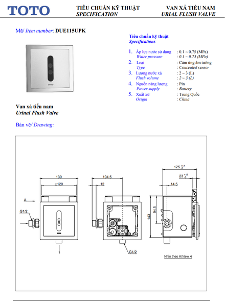 Van xả tiểu nam TOTO âm tường - DUE115UPKV1 *HÀNG TRƯNG BÀY* - Ảnh 2