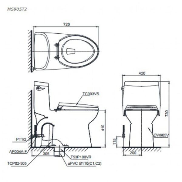 Bồn Cầu Một Khối TOTO MS905T2 Nắp TC393VS - Ảnh 2