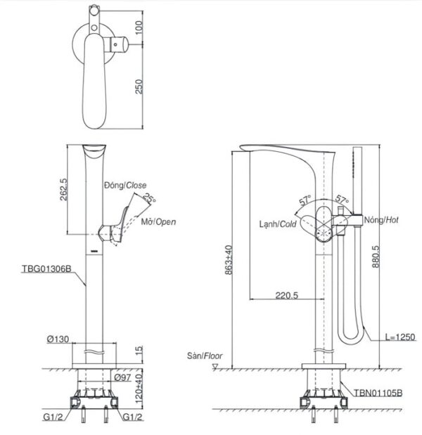 Vòi xả bồn tắm TBG01306B/TBN01105B nóng lạnh kèm sen tắm GO - Ảnh 2
