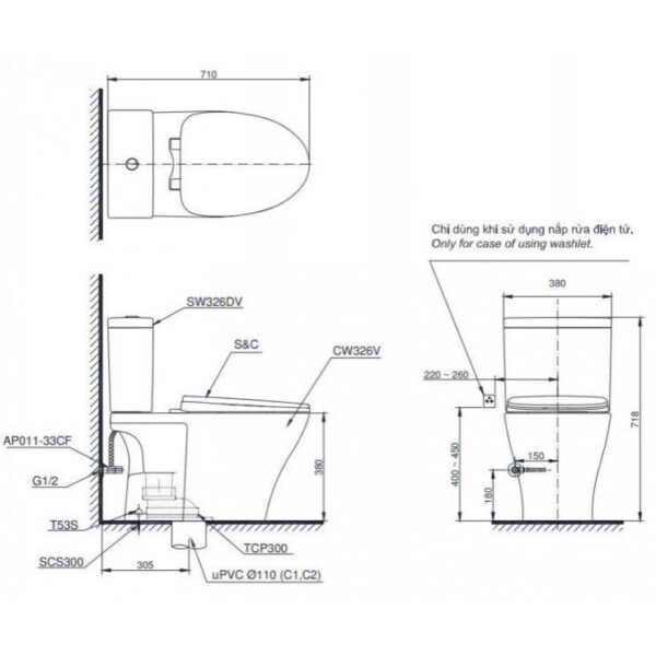 Bồn Cầu TOTO CS326DE2 2 Khối Nắp Cơ TCW07S - Ảnh 2