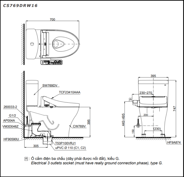 Bồn cầu hai khối, kèm nắp rửa điện tử WASHLET dòng C2 - CS769DRW16 - Ảnh 2