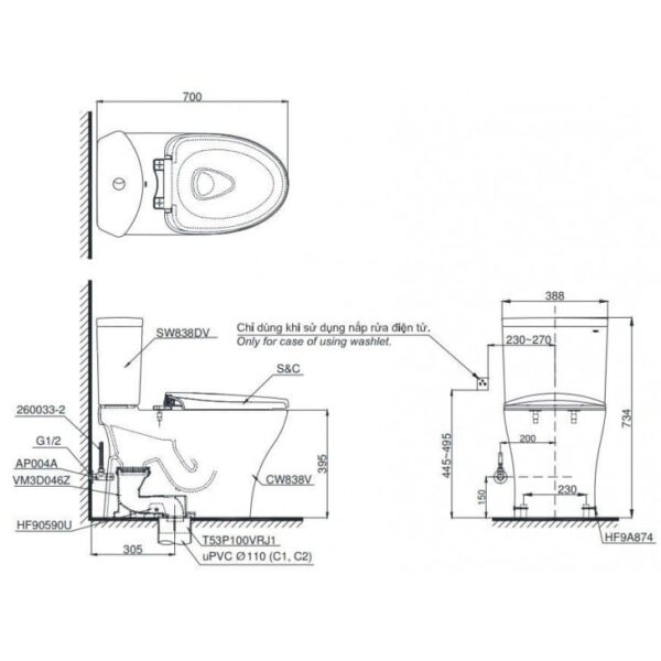 Bồn Cầu Điện Tử TOTO CS838CDW15 Nắp Rửa Washlet - Ảnh 2