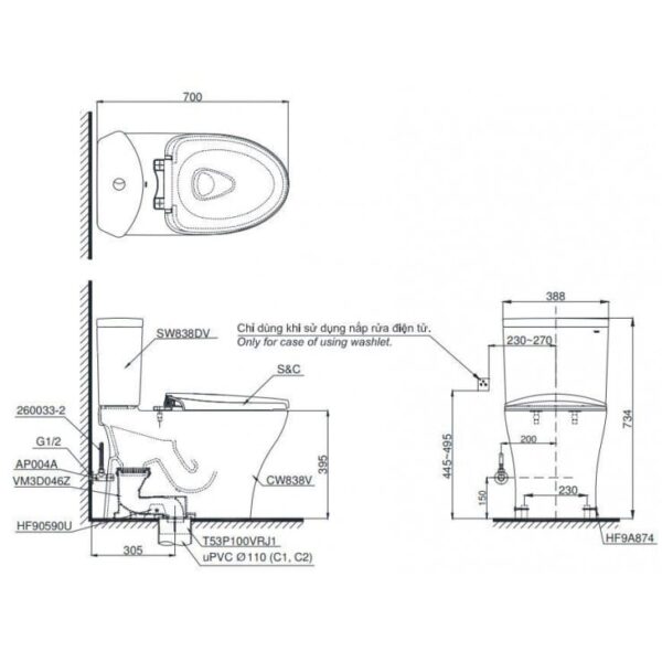 Bồn Cầu Điện Tử TOTO CS838CDW17 Nắp Rửa Washlet TCF23460AAA C2 Giấu Dây - Ảnh 2