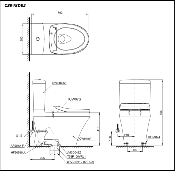 Bồn Cầu TOTO CS948DE2 Hai Khối Nắp Cơ - Ảnh 3