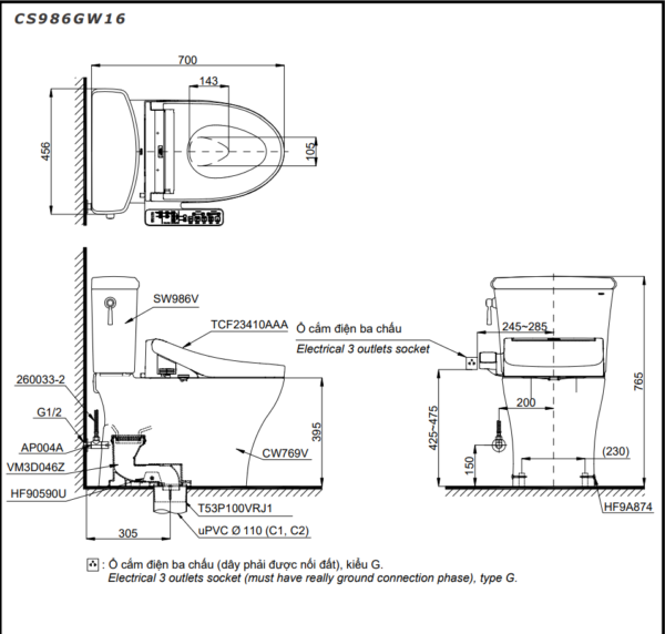 Bồn cầu TOTO hai khối, kèm nắp rửa điện tử WASHLET dòng C2 - CS986GW16 - Ảnh 2