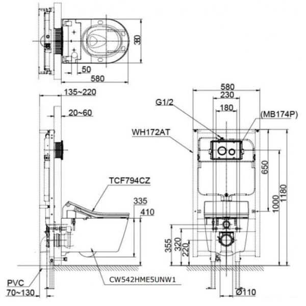 Bồn Cầu TOTO CW542HME5UNW1/TCF794CZ/WH172AT/MB175M Treo Tường - Ảnh 2