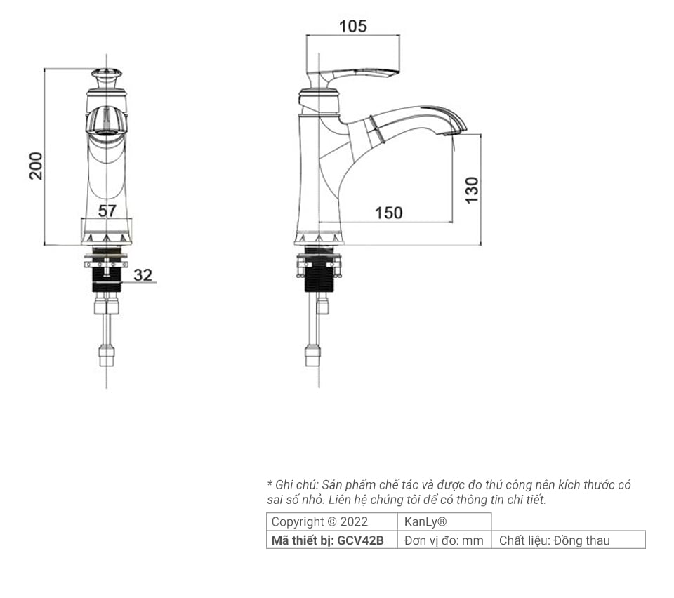 Vòi Lavabo nóng lạnh bằng đồng KANLY - GCV42B - Ảnh 6