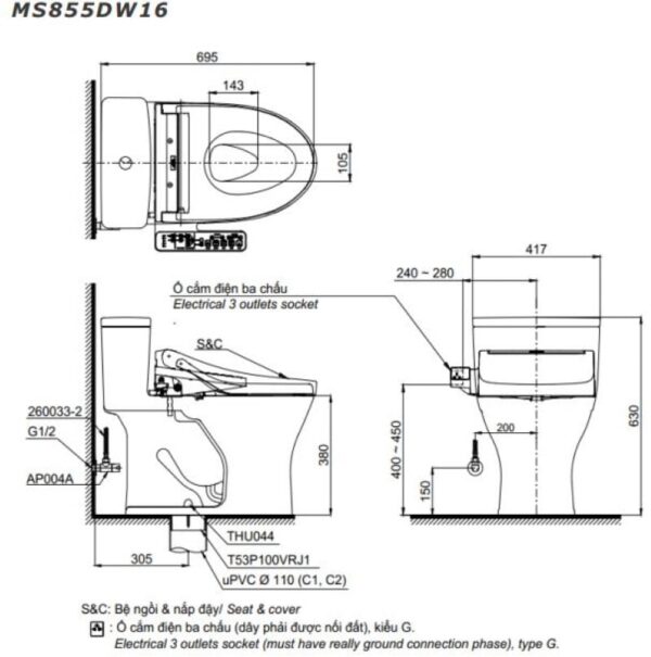 Bồn cầu TOTO một khối, kèm nắp rửa điện tử WASHLET dòng C2 - MS855DW16 - Ảnh 2