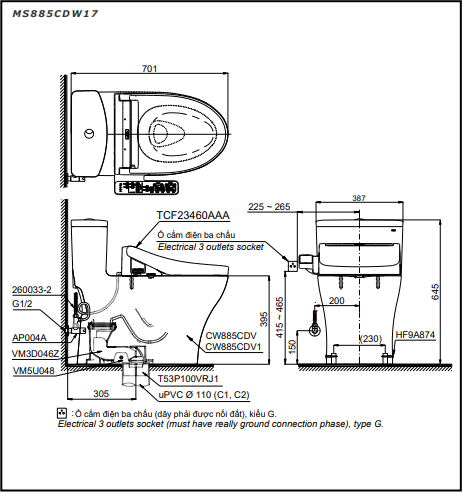 Bồn Cầu Điện Tử TOTO MS885CDW17 Nắp Rửa Washlet TCF23460AAA C2 Giấu Dây - Ảnh 2